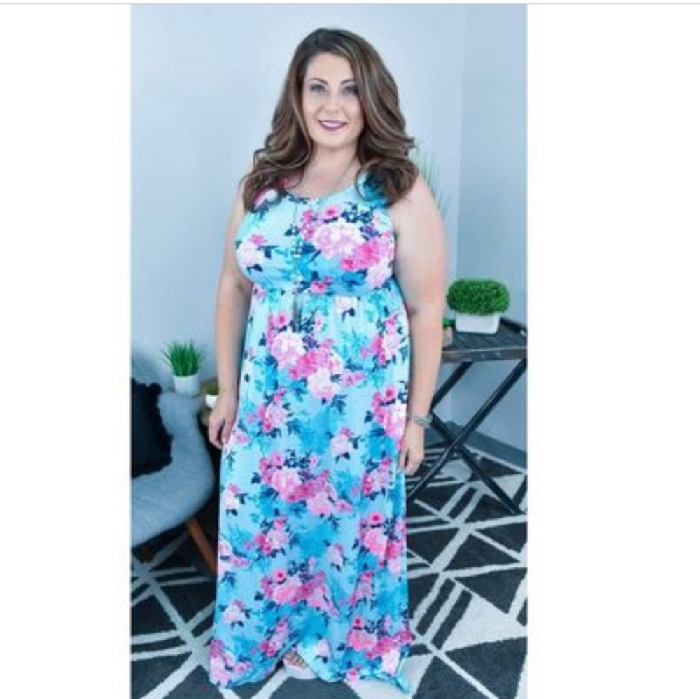 Hot Pink and Turq floral Ankle length dress